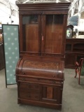 Antique English flame veneer burled wood roll top secretary desk w/ glass cabinet display top as is