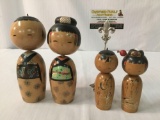 4 vintage Japanese painted wood Kokeshi figures - woman and man figures
