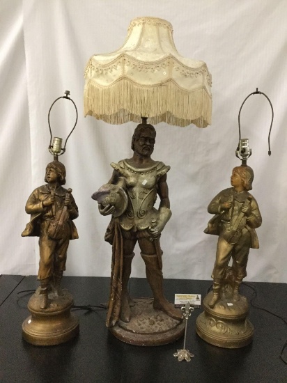 3 ceramic/composite renaissance figure lamps - 2 musicians & 1 soldier/explorer w/ shades