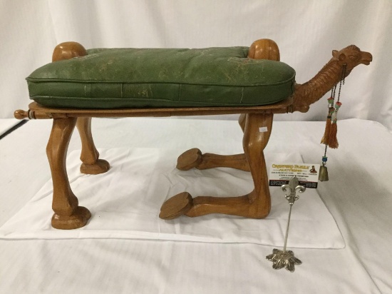 Antique wooden carved kneeling "Camel" foot stool with green leather cushion - unique decor piece
