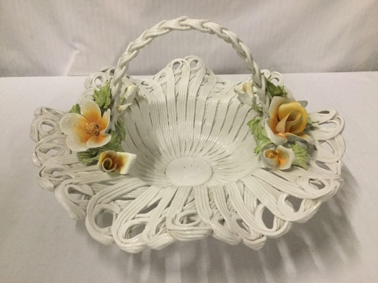 Authentic Capodimonte Italy porcelain basket with floral design - hand made & painted w/ COA