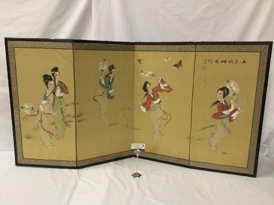 Antique hand painted 4-panel Asian divider - one panel is damaged