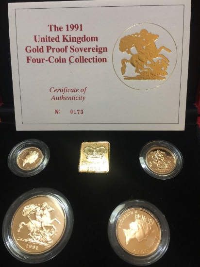 1991 United Kingdom 4 coin 916.7..22 carat Gold Proof set 67.90 total grams /AWG 2.001 Ounces