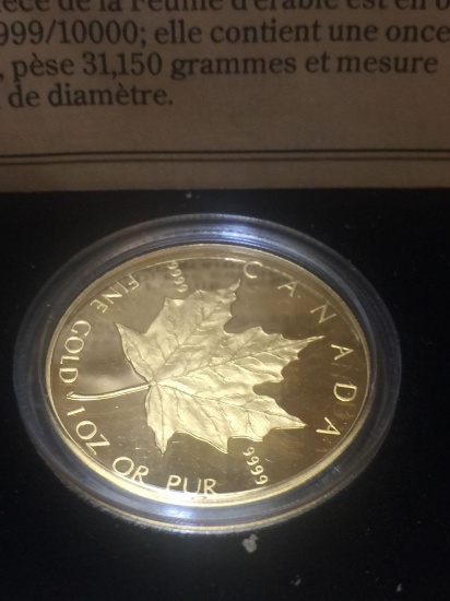 1989 Canadian 1 OZ Gold maple leaf with Oak presentation box and COA