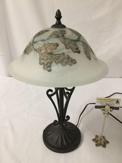 Vintage cast deco style base table lamp with hand painted glass shade - signed by the artist