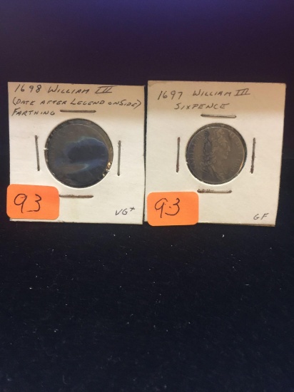 1698 William III Farthing and 1697 silver William III sixpence Rare coins