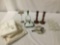 Lot of home antiques cordial glasses wood candle holders potato masher linens napkins silver plate