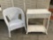 2 pc wicker chair and side shelf table lot