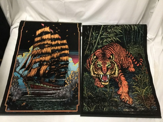 Lot of 2; vintage black light posters - Ghost Ship and Tiger Jungle Cat approx 21 x 32 inches.