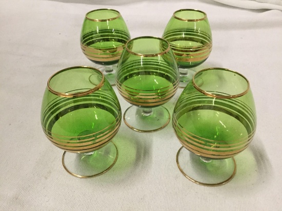 5x matching gold rimmed green glass cordials drinking glasses Approx 3 x 4 inches