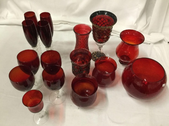 16x red glass wine glasses vases candle holders, Largest approx 11 x 6 inches