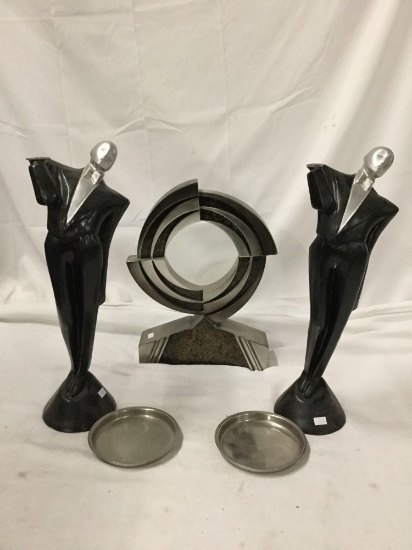 Lot of 3 sculpture art 2x waiters with serving tray approx 17 x 6 inches AS IS