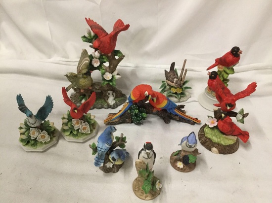 Lot of 10 decorative porcelain Bird figurines Lifton and music box largest approx 8 x 9 inches