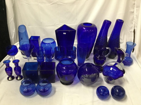 Lot of 28 blue glass home decor items Gutezechen vases dolphin basket balls