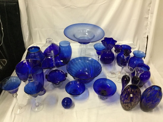Lot of 27 blue crystal glass home decor items vases baskets ball candleholders Candy dish bowls