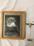 Framed bald eagle etching approx 11 x 13 inches