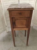 Antique wood nightstand w/ (broken) marble top approx 13 x 13 x 33 inches