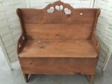 Wood heart bench storage under seat, approx 34 x 16 x 38 inches. Woo crack- see pics