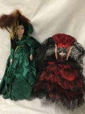 2x Dolls 24 inch porcelain in green, 20 inch plastic Spanish doll in red