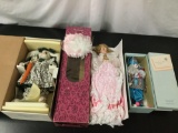 3x porcelain dolls; Betty Jane Carter - clown, Beatrice bunny rabbit, 24 inch pink dress