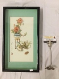 Vintage Asian shadowbox painted stone flower art piece