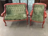 Antique cushioned back sofa and armchair with rolled mahogany and plush green fabric - as is