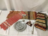 Lot of vintage collectibles; 2x knit scarves, crocheted blanket, 1976 Iowa plate, Leftons figure,