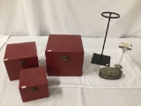 Lot of 5; 3x wood nesting boxes, metal box, hat stand, approx 10 x 10 x 9 inches