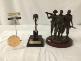 Lot of 3 military veterans memorabilia; Vietnam Veterans Memorial Fund bronze, soldier statue