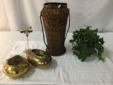 4x home decor woven baskets and brass bowls made in India, approx 16x9 inches