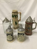 5x German beer steins ceramic and glass 4 w/ metal lid approx 13 x 6 inches.