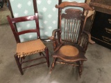 2 antique Americana chairs incl. 1 with woven seat and a rocker with spindle back - as is