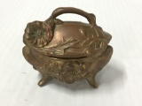 Antique Victorian copper/bronze finish pill box with flower detail