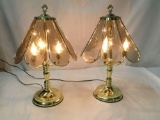 Pair of vintage brass table lamps with glass shades