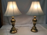Pair of vintage brass table lamps with shades - good cond