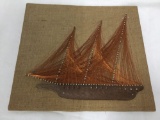 Ship artwork, burlap wood and wire boar art, approx 20 x 18 inches