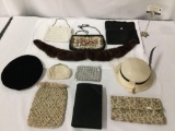 Vintage lot of ladies hat, beret, purses, handbags, coin purse, fur wrap