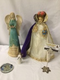 Lot of 4 ; ceramic Angel of God, glass angel coaster, wood angel and Queen Elizabeth ceramic statue