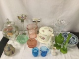 16x vintage home decor; colored glass candy dishes, vases, cake dish, ice bucket, creamer