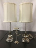 Pair of vintage crystal base electric lamps with shades, working, approx 22 x 7 inches