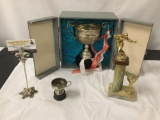 Lot of 3 vintage football fishing shooting trophies/ trophy cups. 1 with case 10x10x6 inches