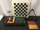 Lot of vintage gaming items; pool ball set made in Belgium , triangle rack, chess board, dominoes
