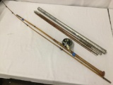 2 Vintage Fishing Poles, 1 with Ocean City Reel. Other includes metal travel case
