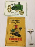 2x vintage metal signs John Deere tractor, Fourex ad golfing art approx 18 x 12 inches
