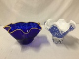 2 vintage wavy art glass bowls - Glass Eye & Royal Gallery pieces in blue/gold & cream/blue