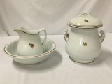 3 pc of Anthony Shaw Ironstone ceramics wash bowl and pitcher + jar w/ lid - as is