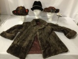 3 vintage wool hates and unmarked fur coat approx sz S - red hat marked Doree NY - deco to 40's