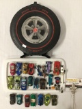 Vintage collection of Mattel Hot wheels diecast toy cars with Rally Case 10x11 inches