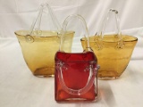 Lot of 3 decorative glass handbag shaped vases, approx 9 x 11 inches