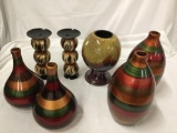 Lot of 7 home decor vases and candle holders, approx 13 x 6 inches